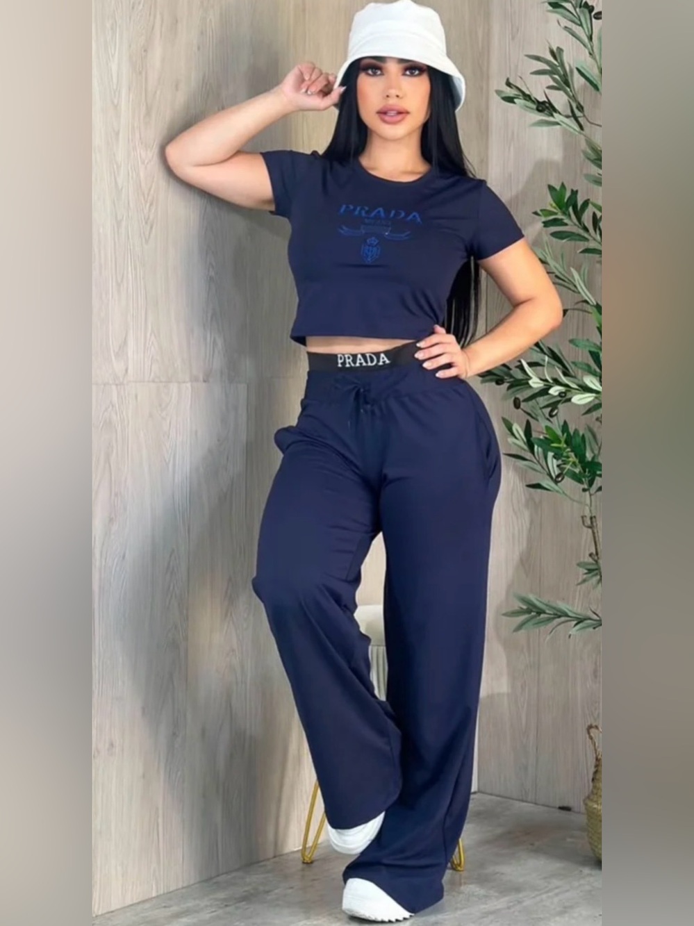 Navy Logo Elastic-Waist Wide Leg Track Pants with Matching top size S